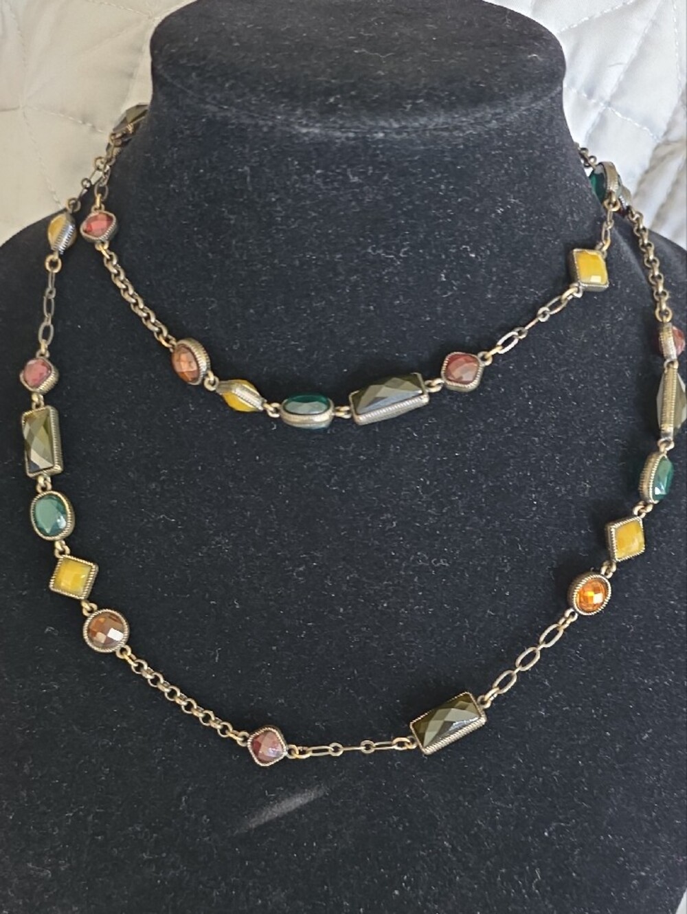 Long Multi-Stone Station Necklace in Teal, Mustard & Rust